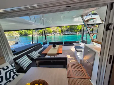 Deck of Stela, a Lagoon 43 catamaran at Rogoznica, Croatia