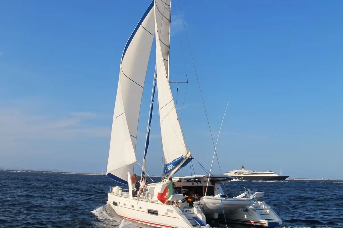 Exterior view of Seabar, a Catana 50 catamaran at Lisbon, Portugal