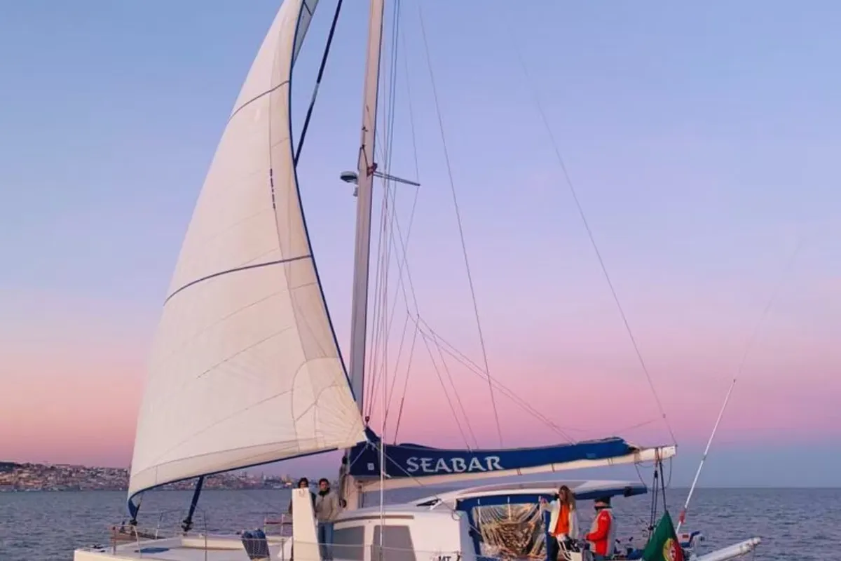 Exterior view of Seabar, a Catana 50 catamaran at Lisbon, Portugal