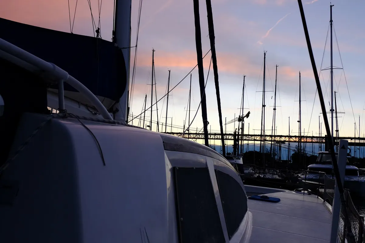 Exterior view of Seabar, a Catana 50 catamaran at Lisbon, Portugal