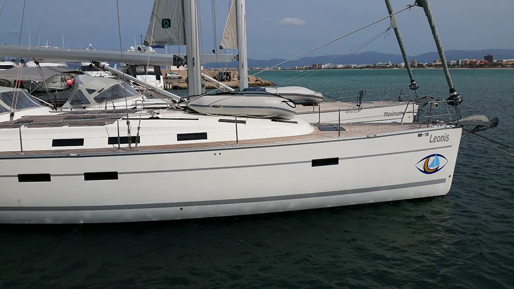 Exterior view of Leonis, a Bavaria Cruiser 50 sailboat at Llucmajor, Spain