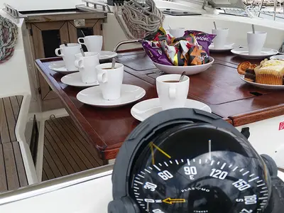 Cockpit of Leonis, a Bavaria Cruiser 50 sailboat at Llucmajor, Spain