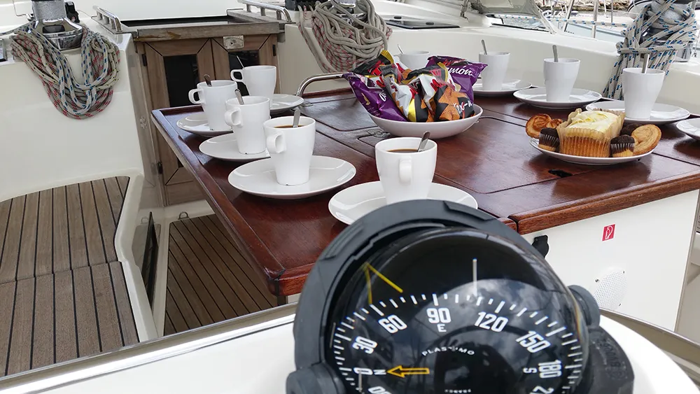 Cockpit of Leonis, a Bavaria Cruiser 50 sailboat at Llucmajor, Spain