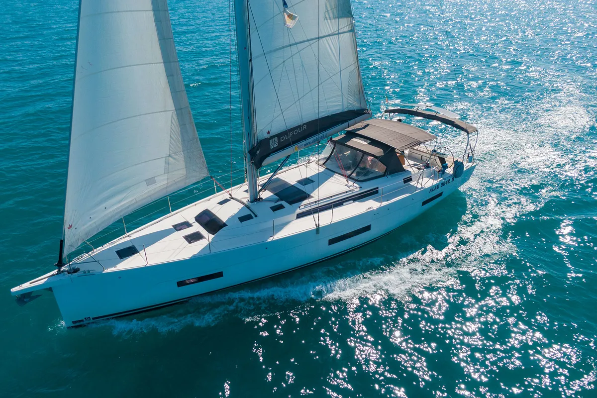 Exterior view of Cassiopea, a Dufour 530 sailboat at Castellammare di Stabia, Italy