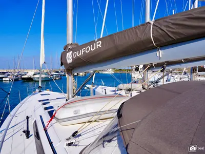 Deck of Cassiopea, a Dufour 530 sailboat at Castellammare di Stabia, Italy