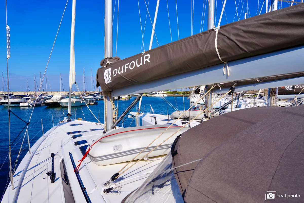 Deck of Cassiopea, a Dufour 530 sailboat at Castellammare di Stabia, Italy