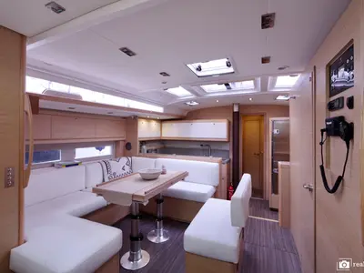 Salon of Cassiopea, a Dufour 530 sailboat at Castellammare di Stabia, Italy