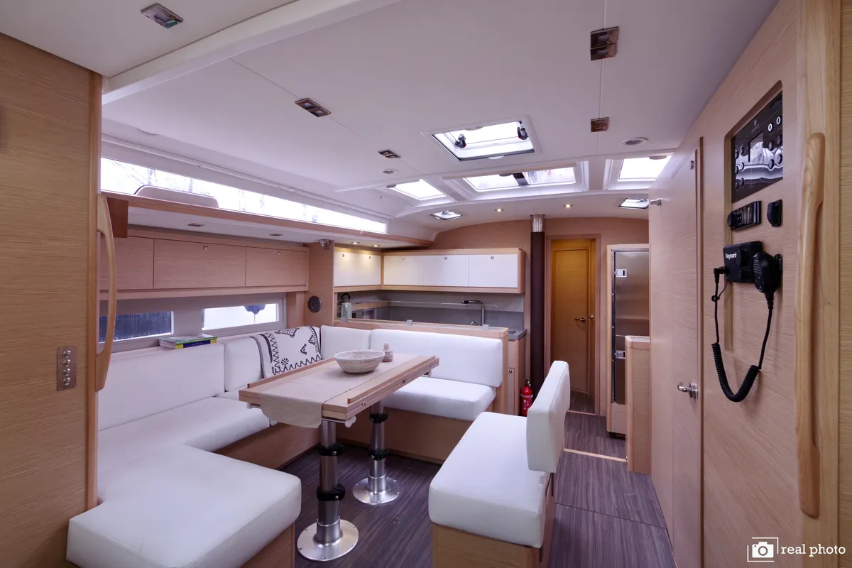 Salon of Cassiopea, a Dufour 530 sailboat at Castellammare di Stabia, Italy