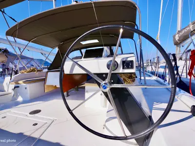 Cockpit of Cassiopea, a Dufour 530 sailboat at Castellammare di Stabia, Italy