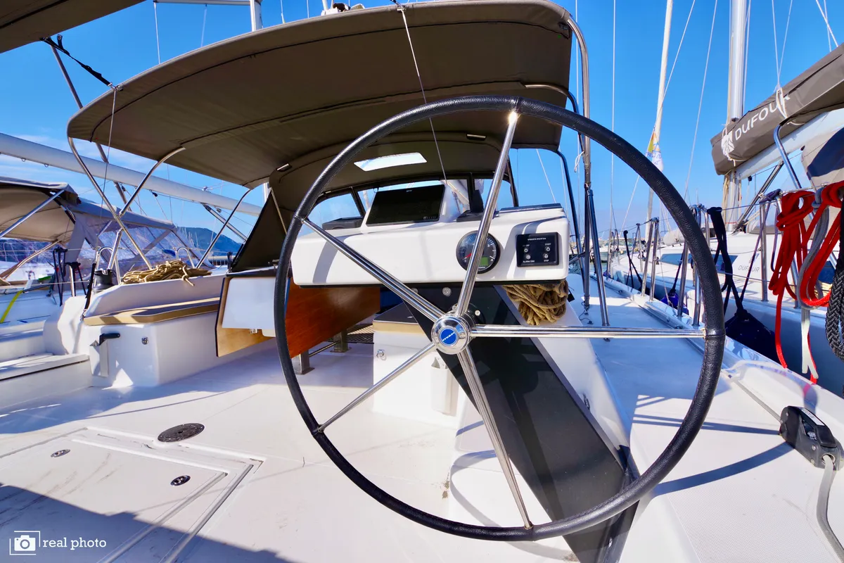 Cockpit of Cassiopea, a Dufour 530 sailboat at Castellammare di Stabia, Italy