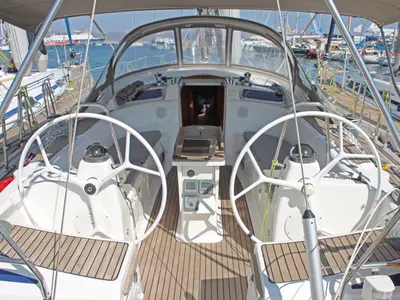 Cockpit of Ocean Caresser, a Bavaria 46 Cruiser sailboat at Msida, Malta