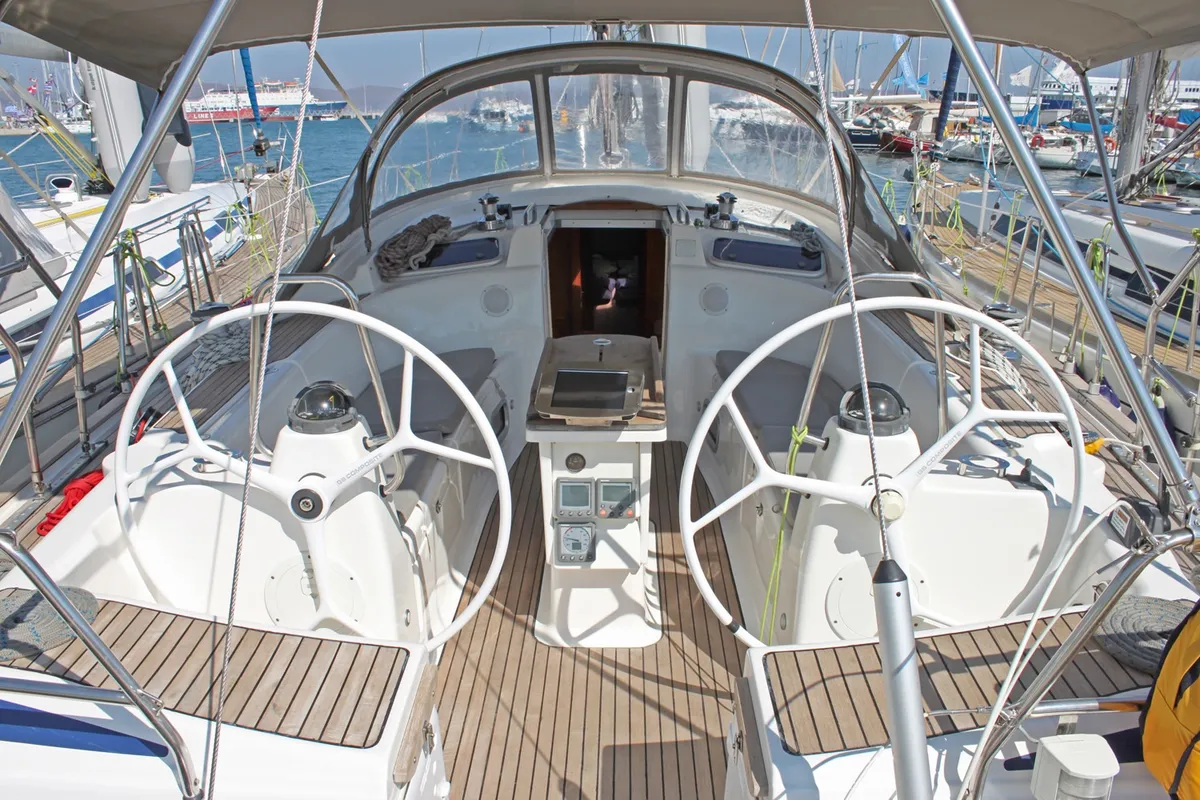 Cockpit of Ocean Caresser, a Bavaria 46 Cruiser sailboat at Msida, Malta