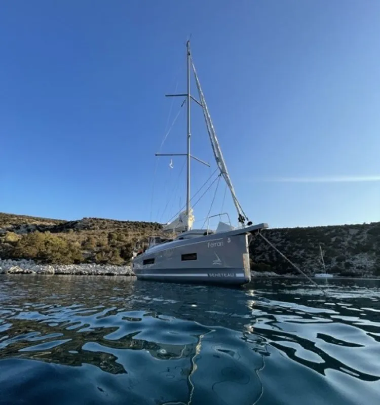 Exterior view of Ferrari, a Beneteau Oceanis 40.1 sailboat at Lavreotiki Municipal Unit, Greece