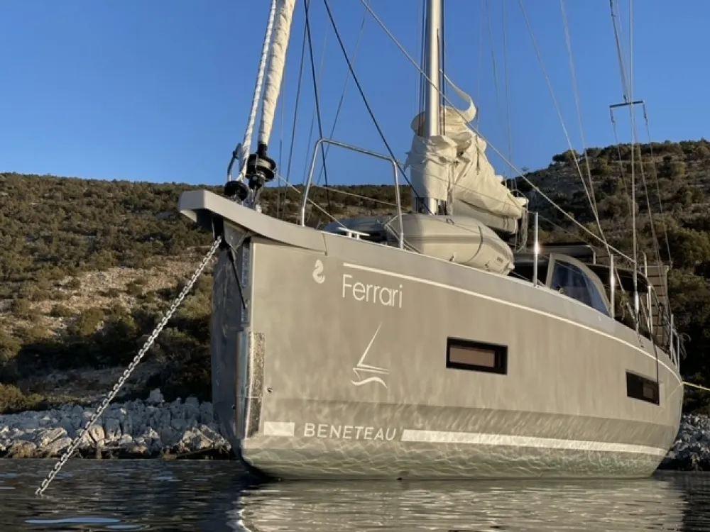 Exterior view of Ferrari, a Beneteau Oceanis 40.1 sailboat at Lavreotiki Municipal Unit, Greece