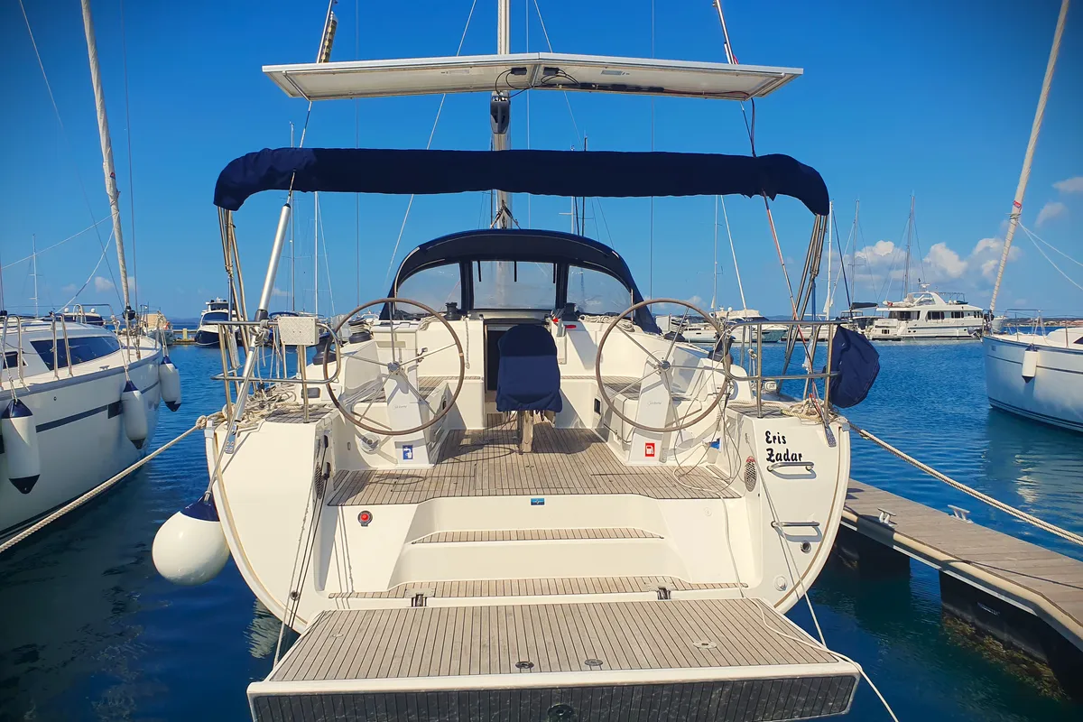 Exterior view of Eris, a Bavaria Cruiser 46 sailboat at Općina Pakoštane, Croatia