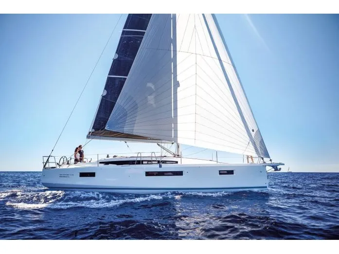 Exterior view of Evelina, a Jeanneau Sun Odyssey 410 sailboat at Lavrion, Greece
