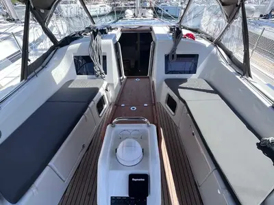 Cockpit of Tu Tamo 3, a Jeanneau Sun Odyssey 410 sailboat at Grad Pula, Croatia