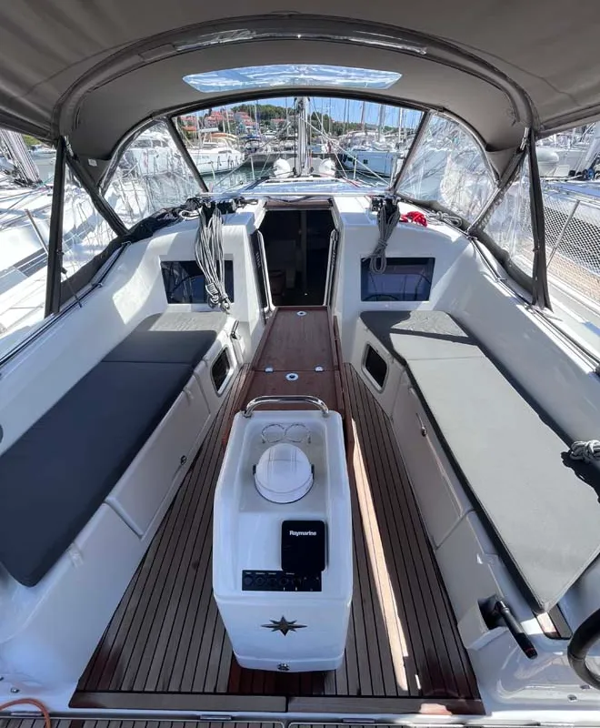 Cockpit of Tu Tamo 3, a Jeanneau Sun Odyssey 410 sailboat at Grad Pula, Croatia