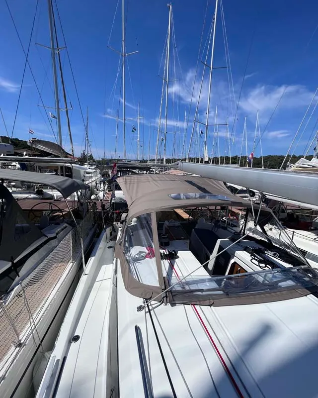 Deck of Tu Tamo 3, a Jeanneau Sun Odyssey 410 sailboat at Grad Pula, Croatia