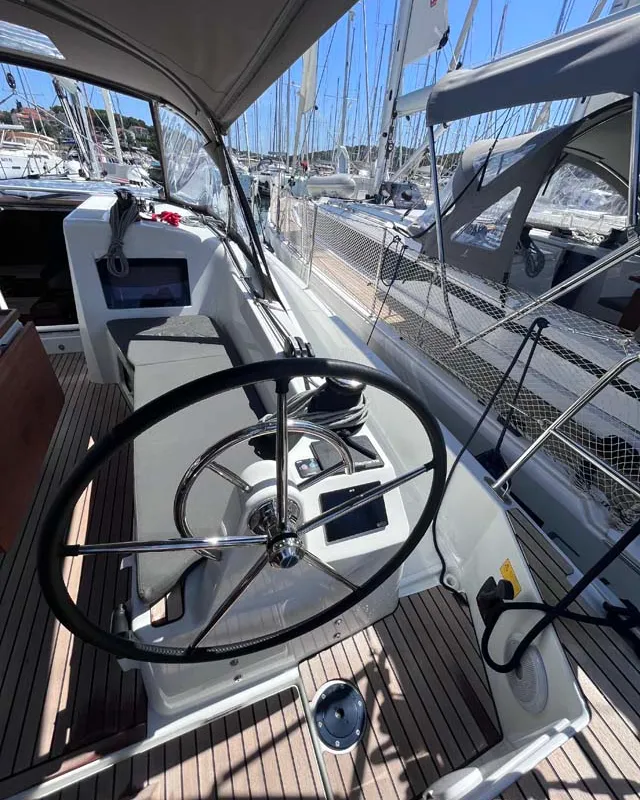 Cockpit of Tu Tamo 3, a Jeanneau Sun Odyssey 410 sailboat at Grad Pula, Croatia