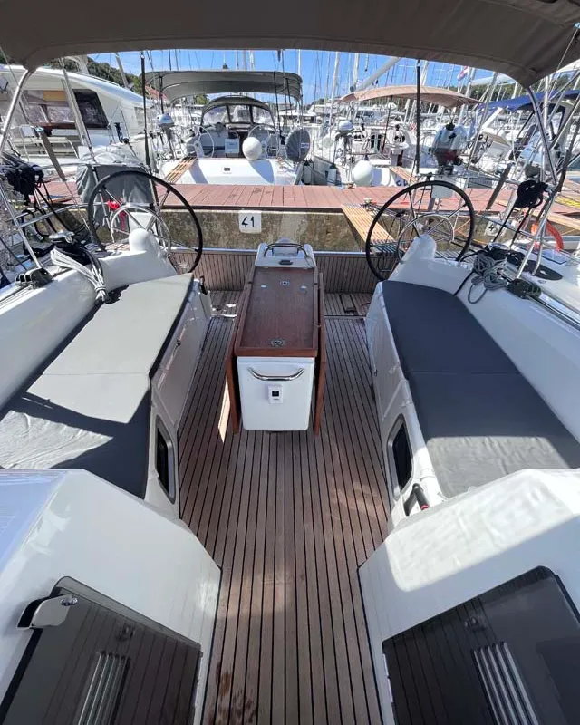 Cockpit of Tu Tamo 3, a Jeanneau Sun Odyssey 410 sailboat at Grad Pula, Croatia