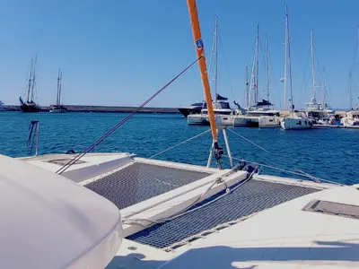 Deck of Stema, a Excess 11 catamaran at Athens, Greece