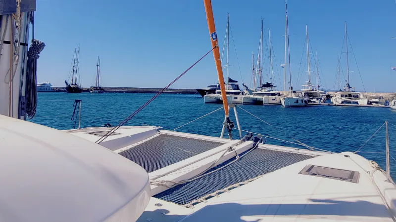 Deck of Stema, a Excess 11 catamaran at Athens, Greece