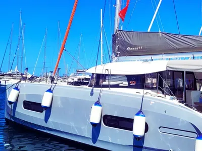 Exterior view of Stema, a Excess 11 catamaran at Athens, Greece