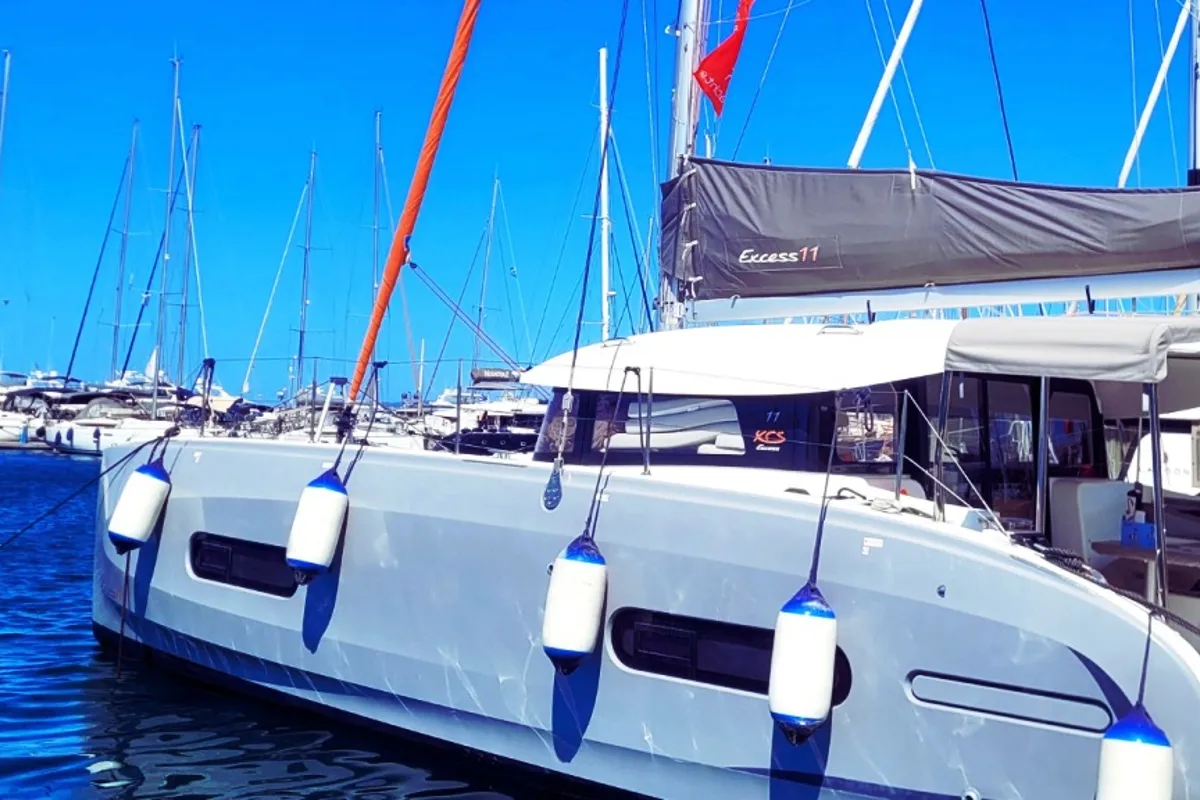 Exterior view of Stema, a Excess 11 catamaran at Athens, Greece