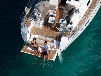 Deck of NN, a Bavaria Cruiser 46 sailboat at Procida, Italy