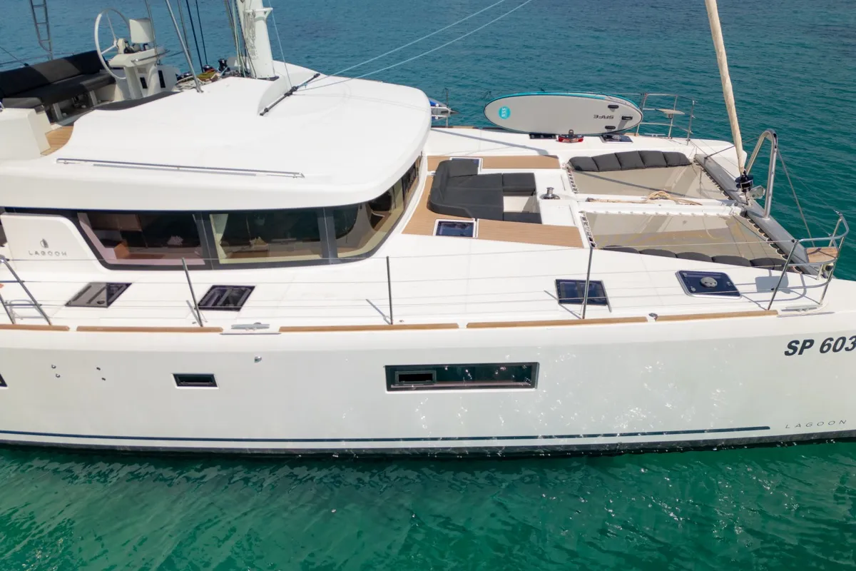 Exterior view of Big Mama, a Lagoon 52F catamaran at Olbia, Italy