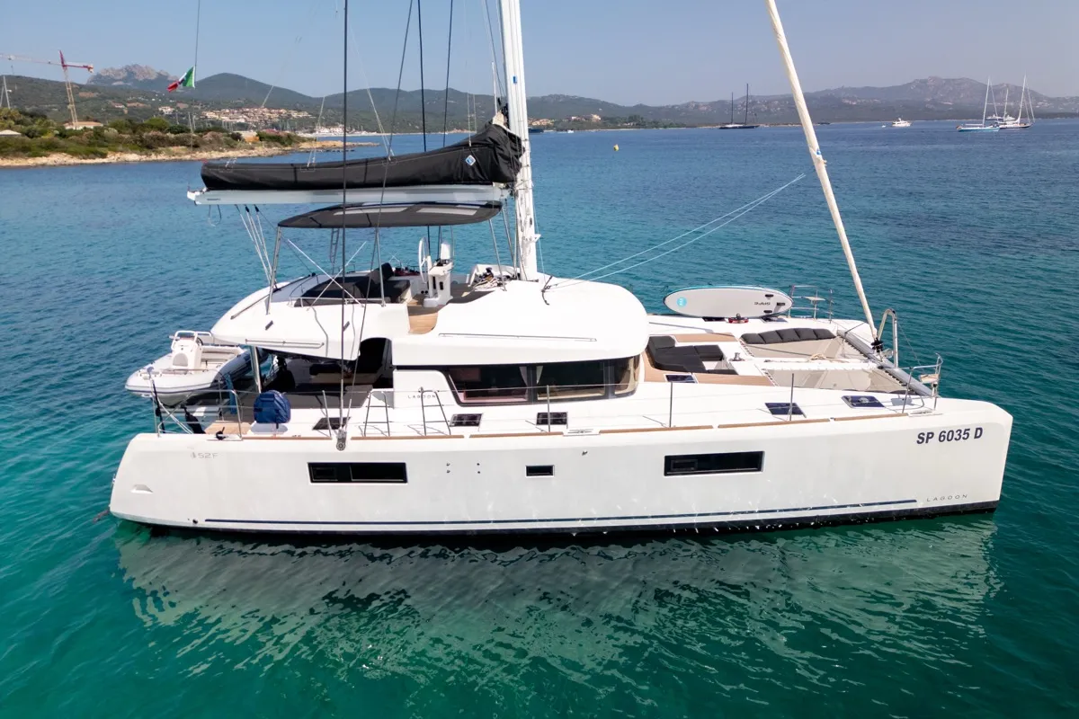Exterior view of Big Mama, a Lagoon 52F catamaran at Olbia, Italy