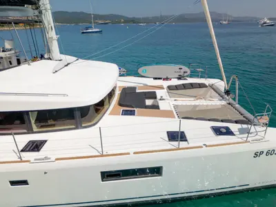 Deck of Big Mama, a Lagoon 52F catamaran at Olbia, Italy