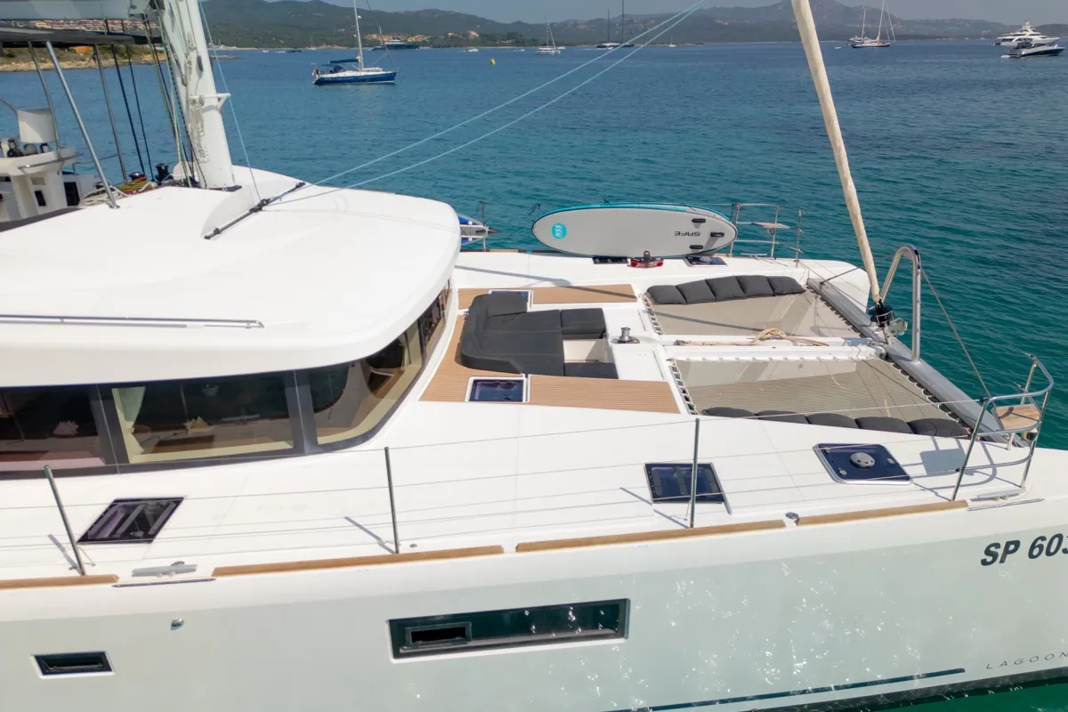 Deck of Big Mama, a Lagoon 52F catamaran at Olbia, Italy