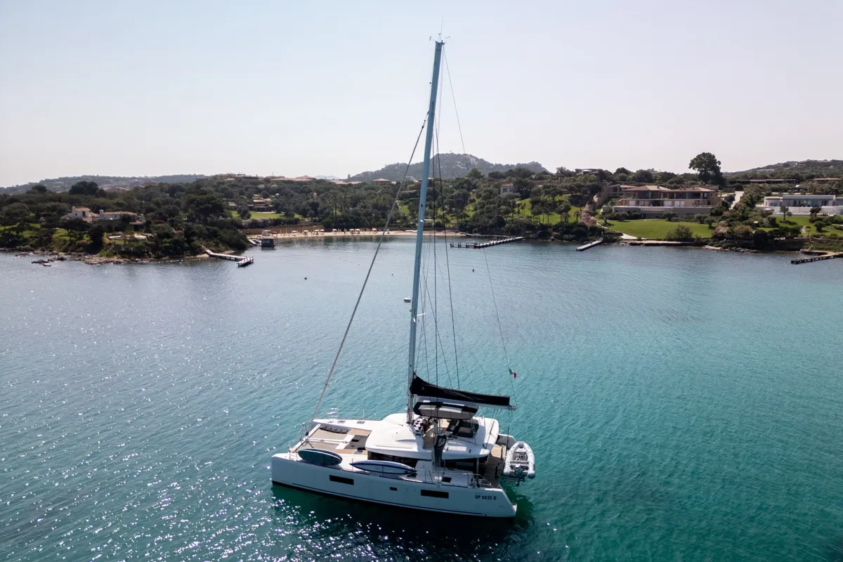Exterior view of Big Mama, a Lagoon 52F catamaran at Olbia, Italy