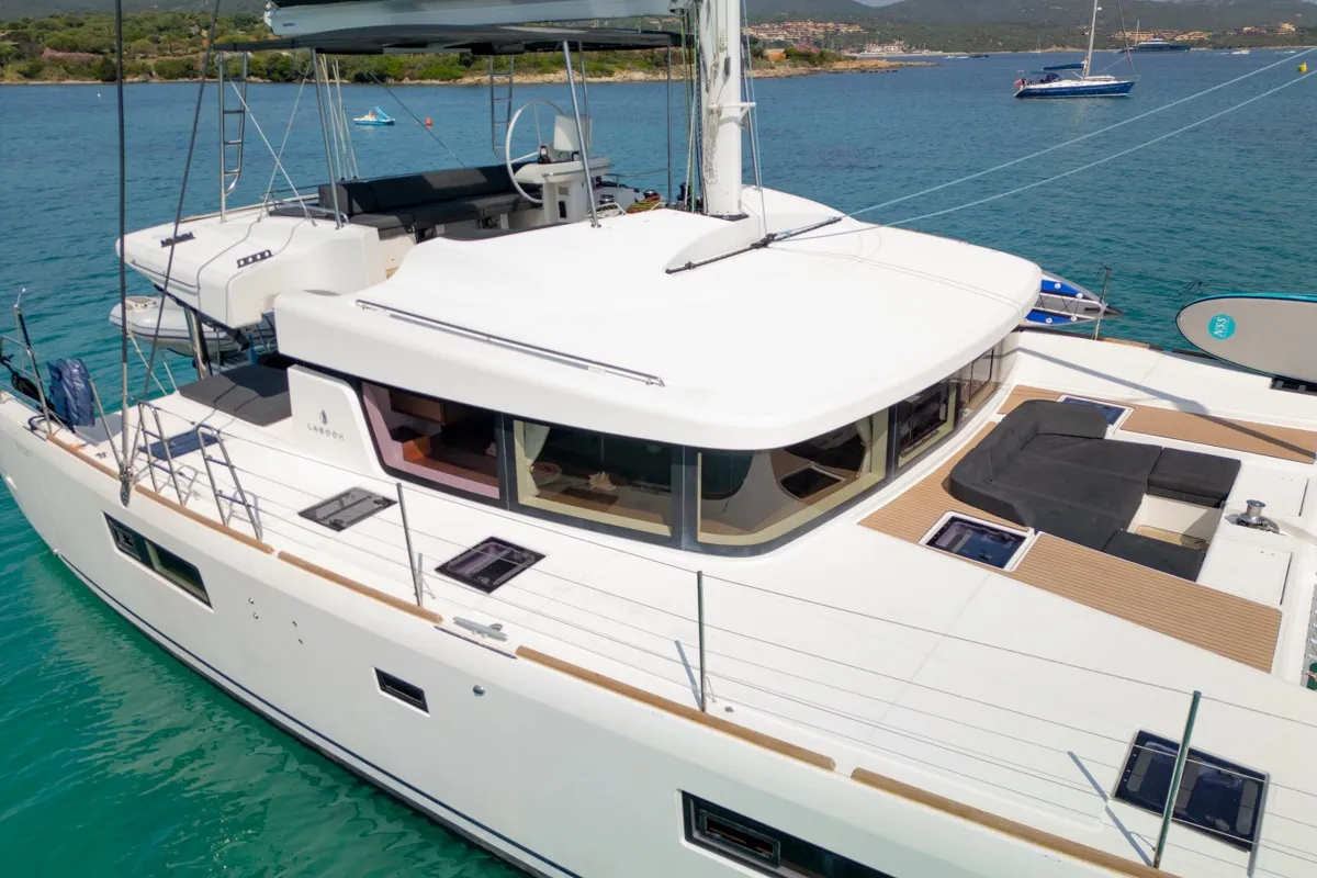 Exterior view of Big Mama, a Lagoon 52F catamaran at Olbia, Italy