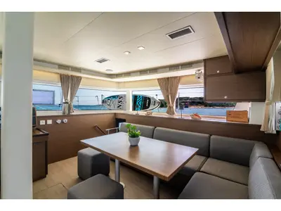 Salon of Big Mama, a Lagoon 52F catamaran at Olbia, Italy