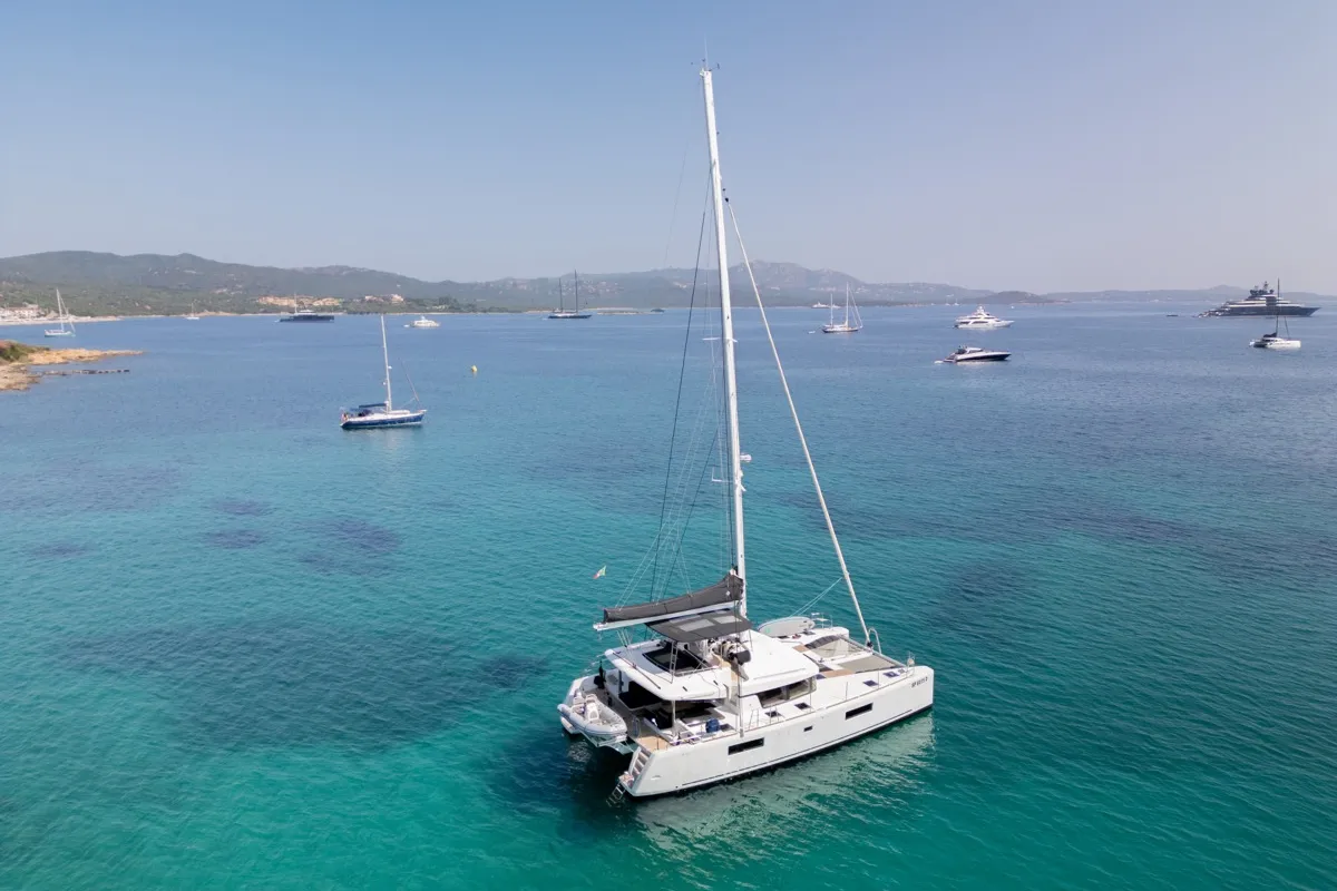 Exterior view of Big Mama, a Lagoon 52F catamaran at Olbia, Italy