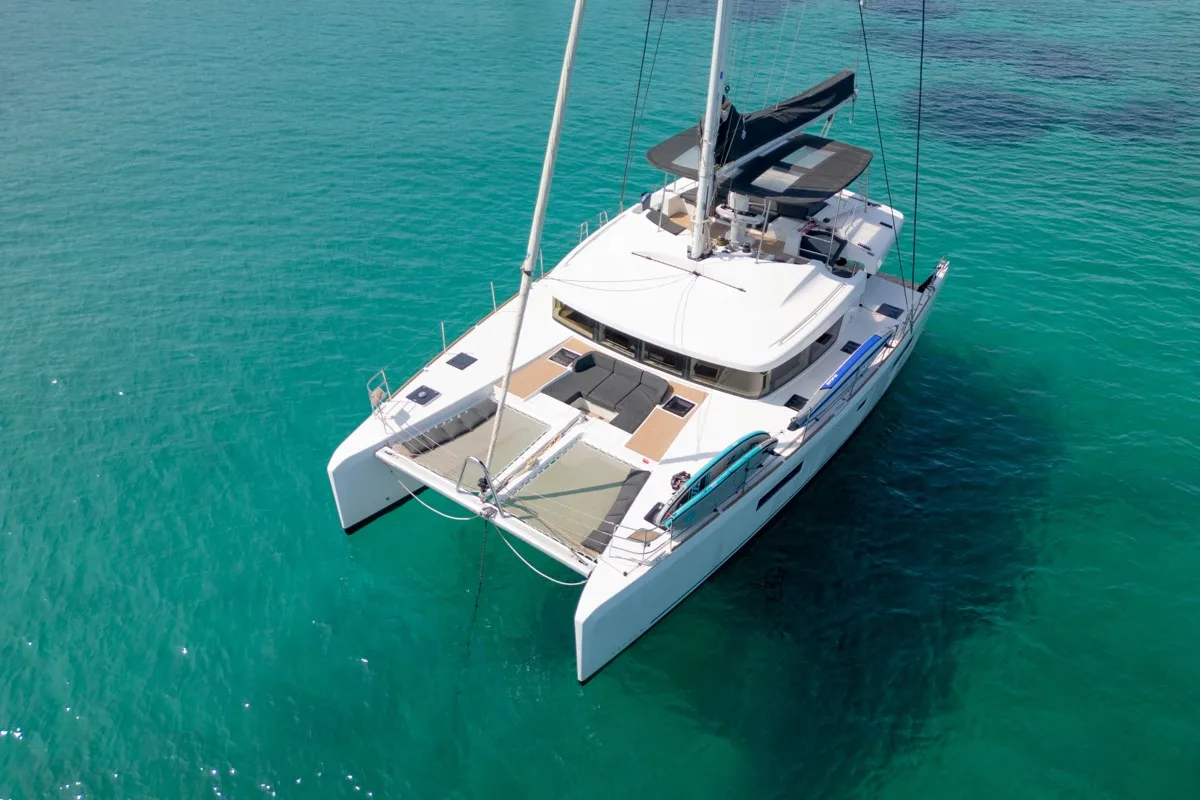 Exterior view of Big Mama, a Lagoon 52F catamaran at Olbia, Italy
