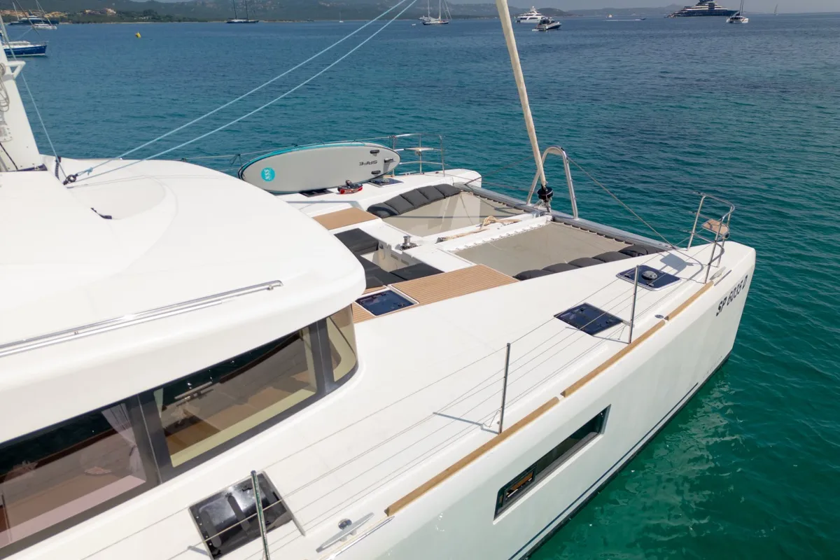 Deck of Big Mama, a Lagoon 52F catamaran at Olbia, Italy