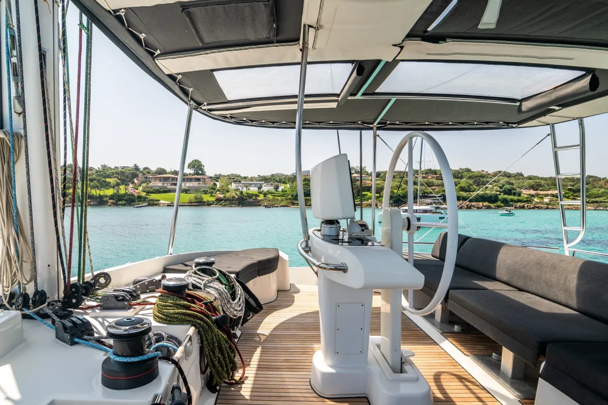 Cockpit of Big Mama, a Lagoon 52F catamaran at Olbia, Italy