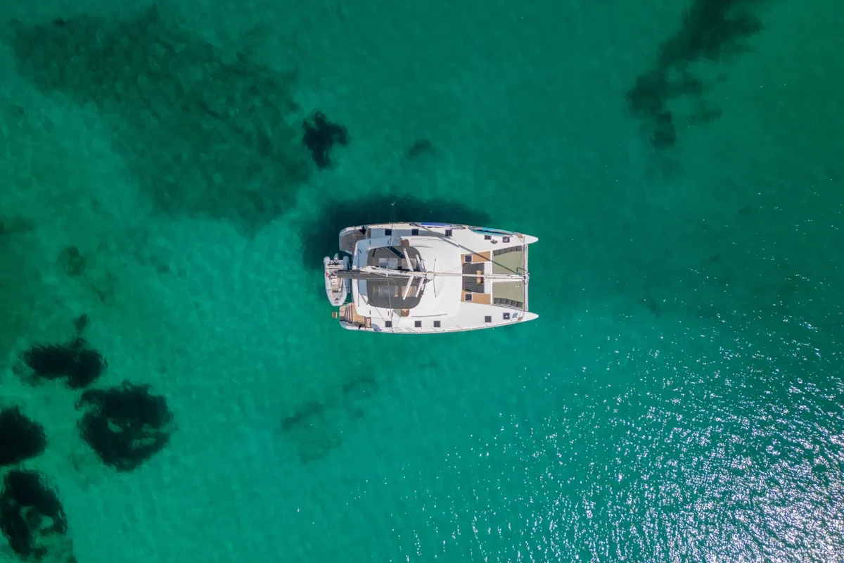 Exterior view of Big Mama, a Lagoon 52F catamaran at Olbia, Italy