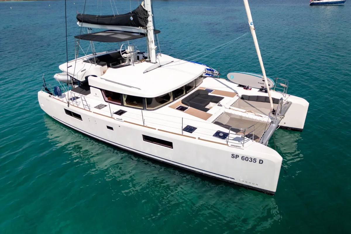 Exterior view of Big Mama, a Lagoon 52F catamaran at Olbia, Italy
