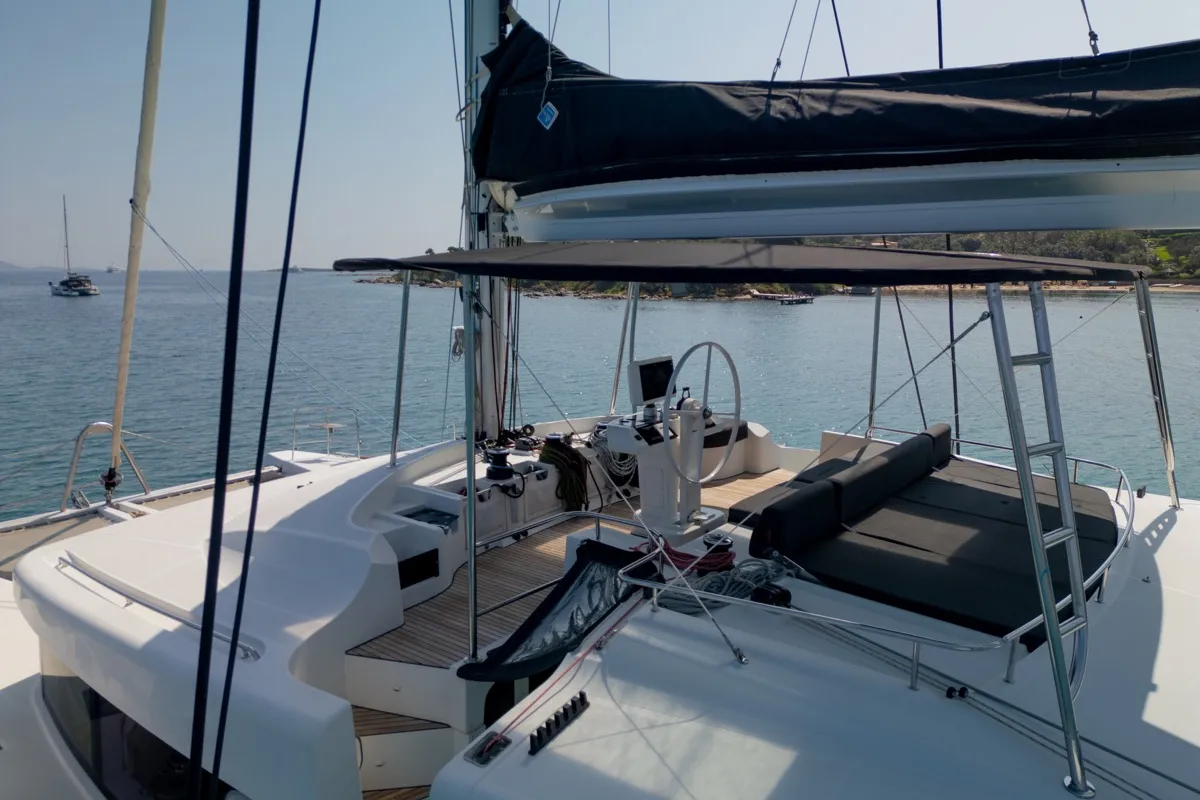 Cockpit of Big Mama, a Lagoon 52F catamaran at Olbia, Italy