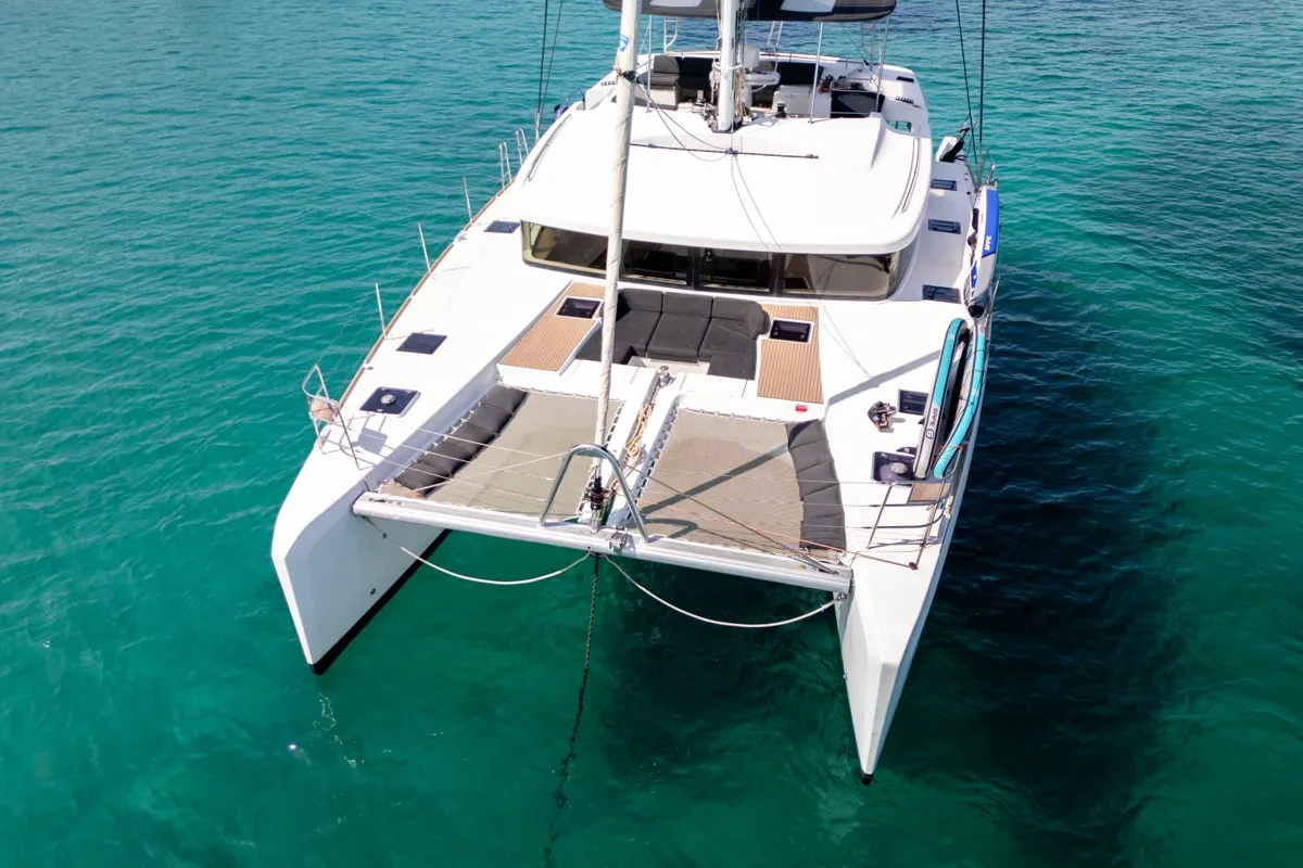 Exterior view of Big Mama, a Lagoon 52F catamaran at Olbia, Italy