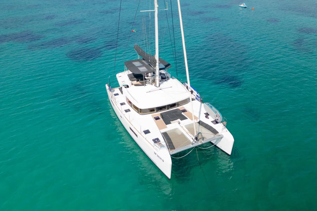 Exterior view of Big Mama, a Lagoon 52F catamaran at Olbia, Italy