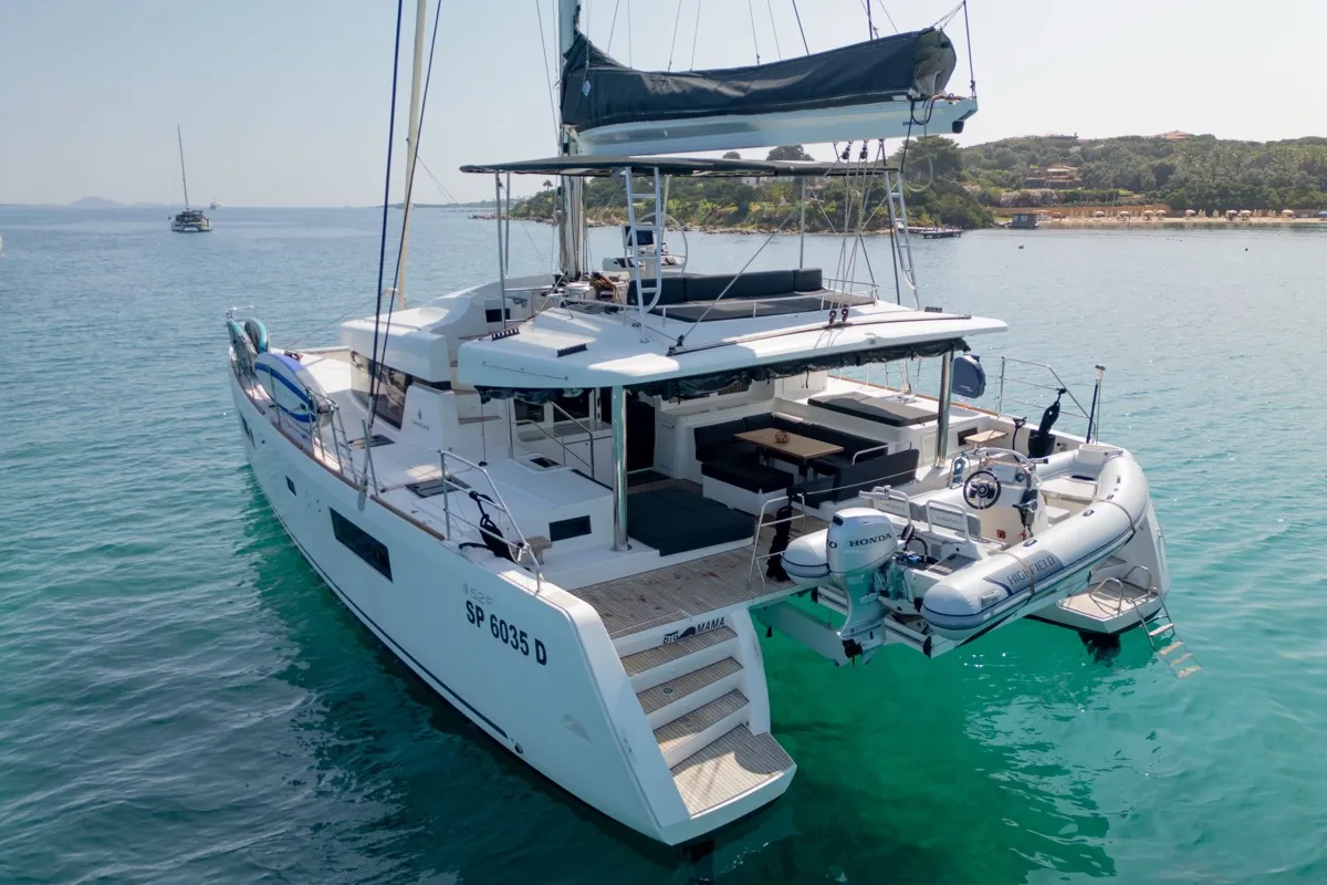Exterior view of Big Mama, a Lagoon 52F catamaran at Olbia, Italy