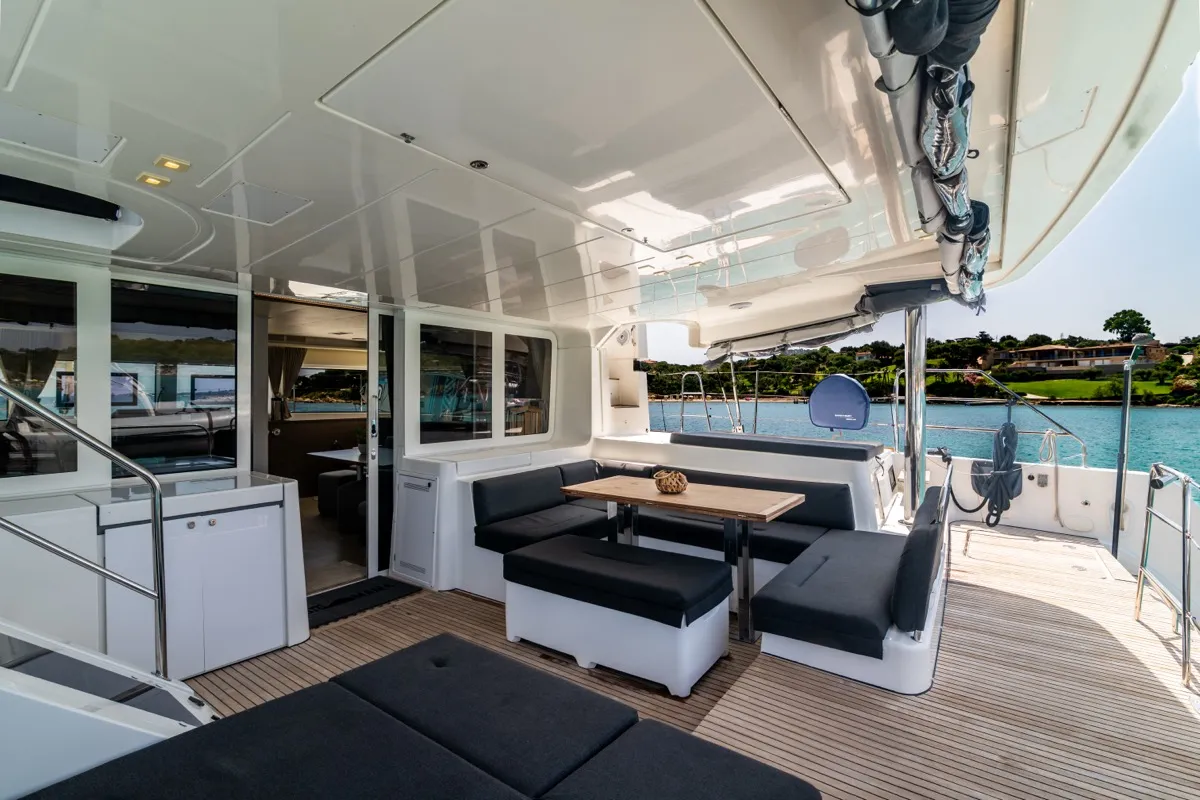 Cockpit of Big Mama, a Lagoon 52F catamaran at Olbia, Italy