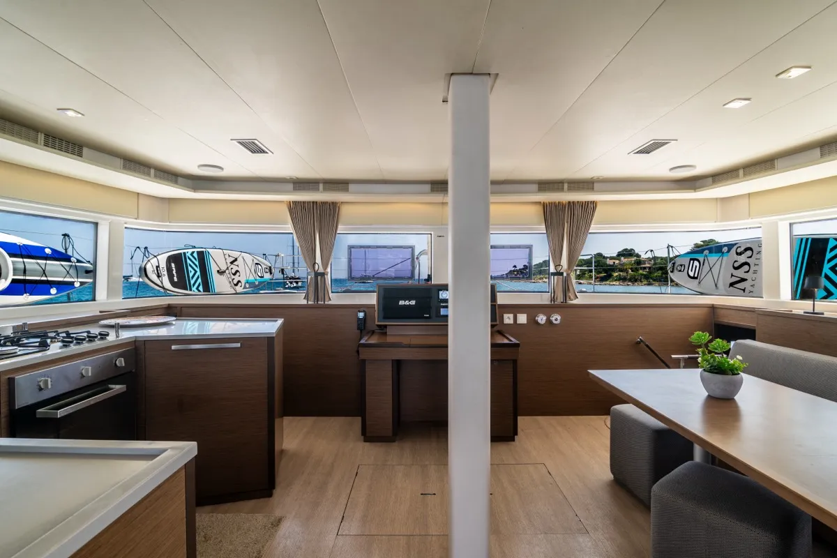 Salon of Big Mama, a Lagoon 52F catamaran at Olbia, Italy