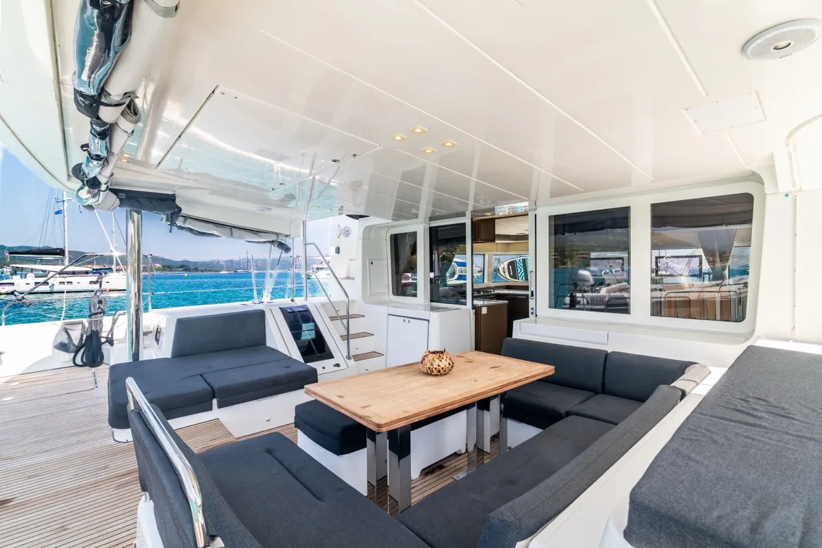 Deck of Big Mama, a Lagoon 52F catamaran at Olbia, Italy
